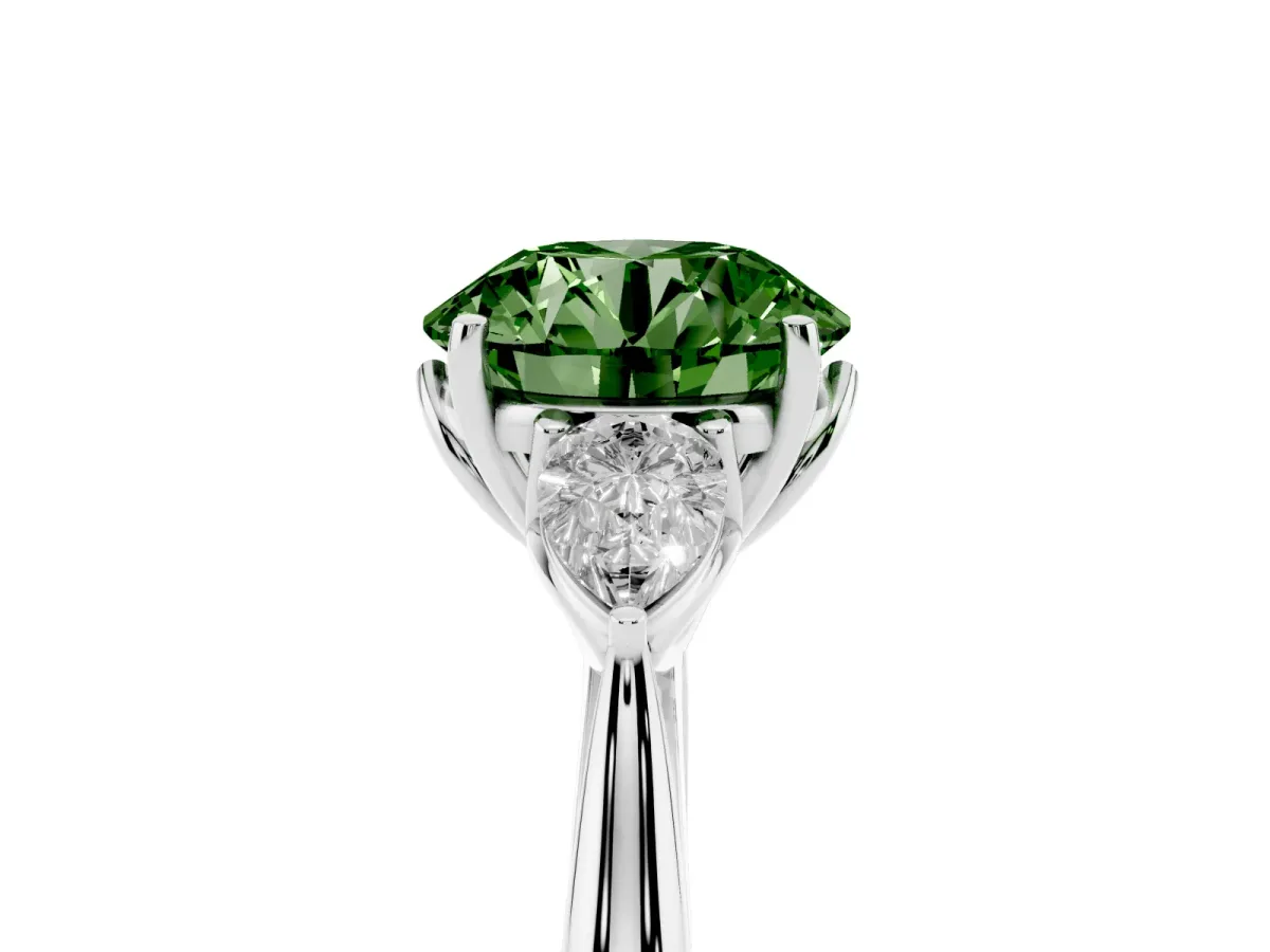 Fancy Green Round Cut Diamond Three-Stone Ring with Pear Side Stones and Prong Setting Platinum