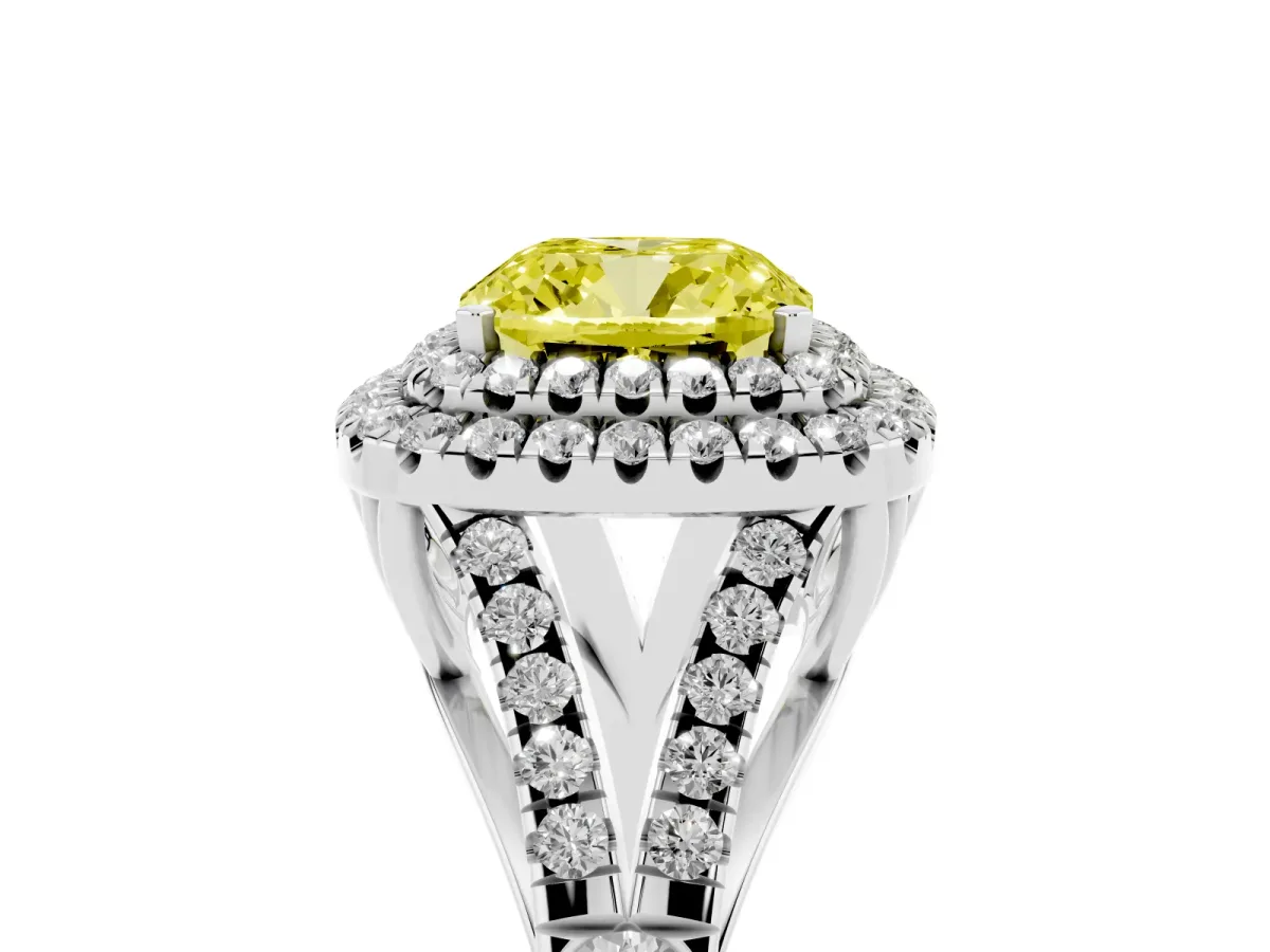 Fancy Yellow Cushion Cut Diamond Pavé Split Shank Double Halo Engagement Ring Silver