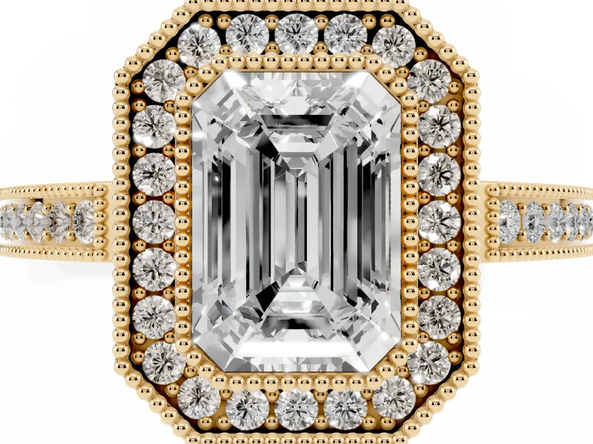 Emerald Cut Cut Halo Diamond Ring with Pavé Band and Milgrain Prong Setting Yellow gold
