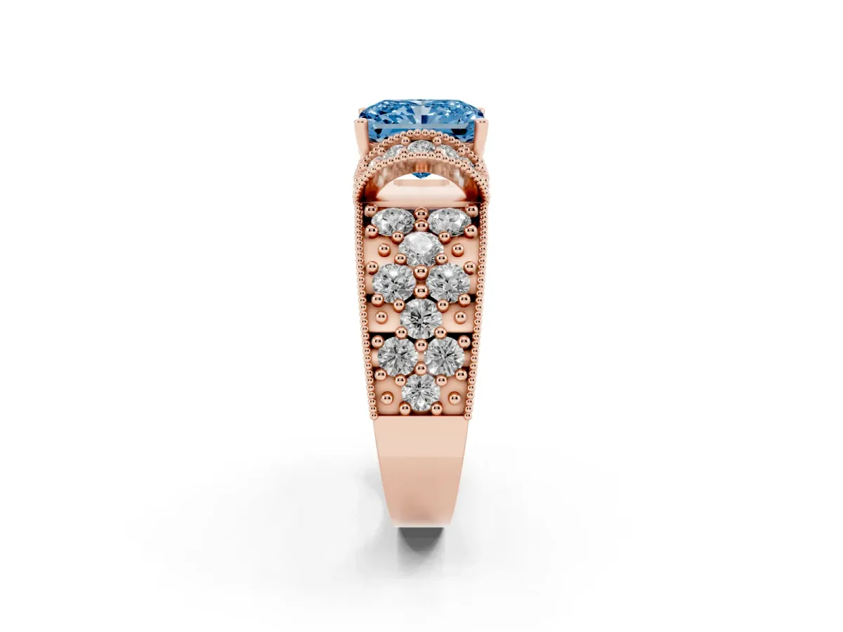 Fancy Blue Radiant Cut Halo Pave Diamond Engagement Ring with Milgrain Detailing Rose gold
