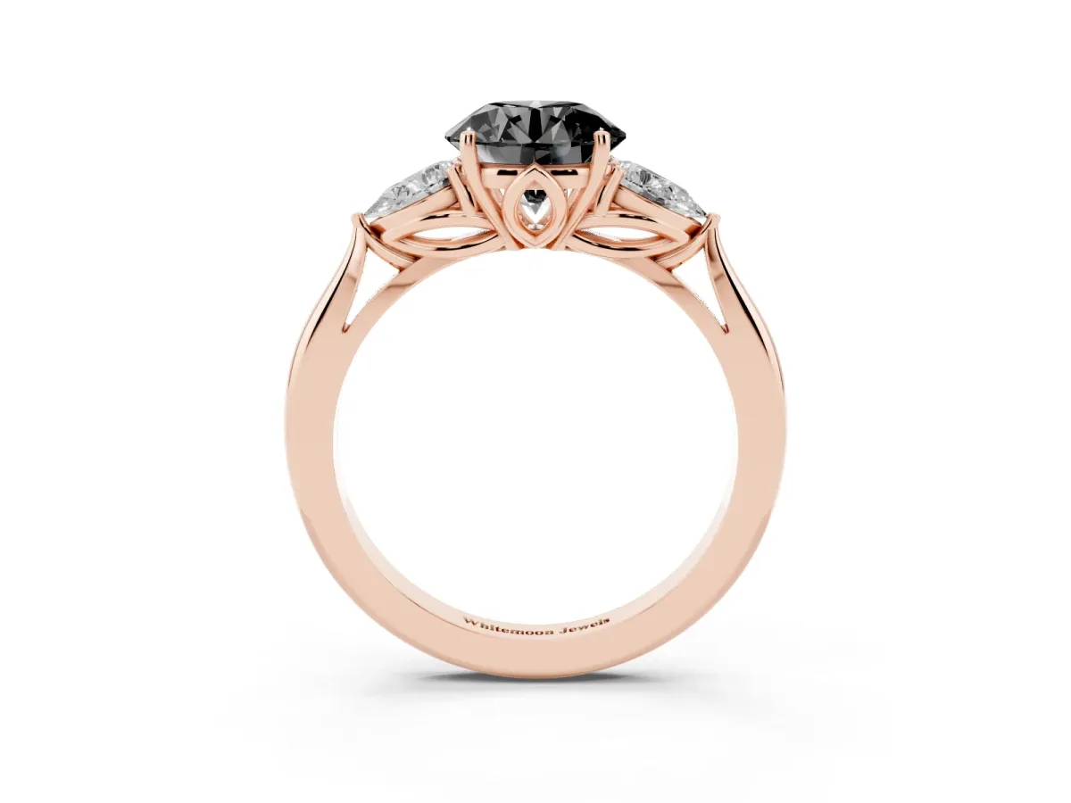 Fancy Black Round Cut Diamond Three-Stone Ring with Pear Side Stones and Prong Setting Rose gold