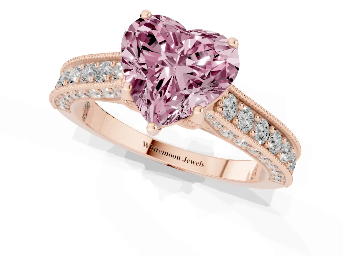 Fancy Pink Heart Cut Cut Diamond Solitaire Ring with Milgrain Pave Band and Four Prong Setting Rose gold