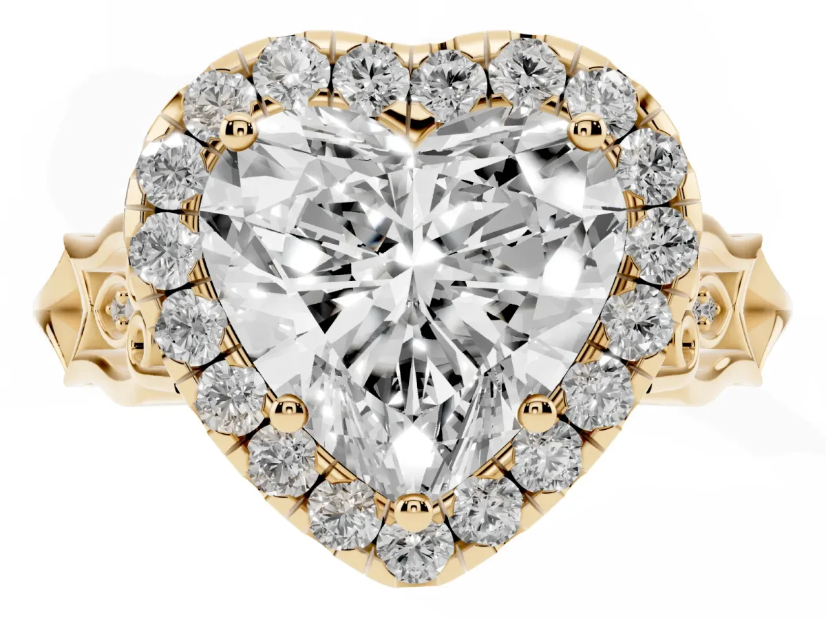 Heart Cut Halo Diamond Engagement Ring with Filigree Band and Four-Prong Setting Yellow gold