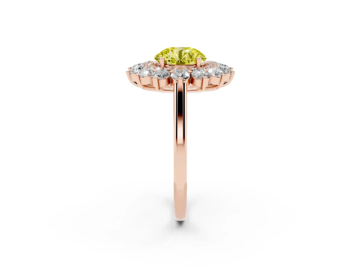 Fancy Yellow Round Cut Diamond Floral Double Halo Engagement Ring with Prong Setting Rose gold