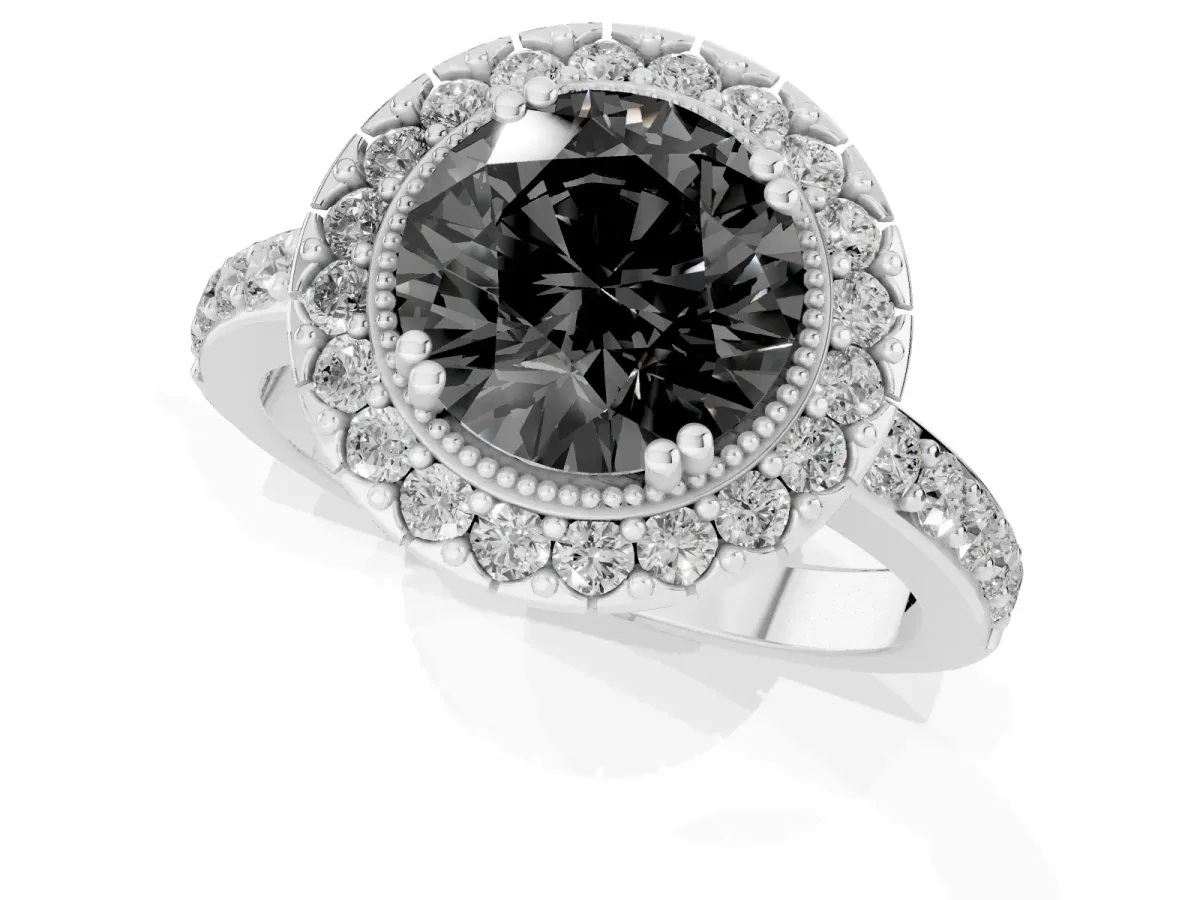 Fancy Black Round Cut Diamond Halo Ring with Pavé Band and Prong Setting Silver