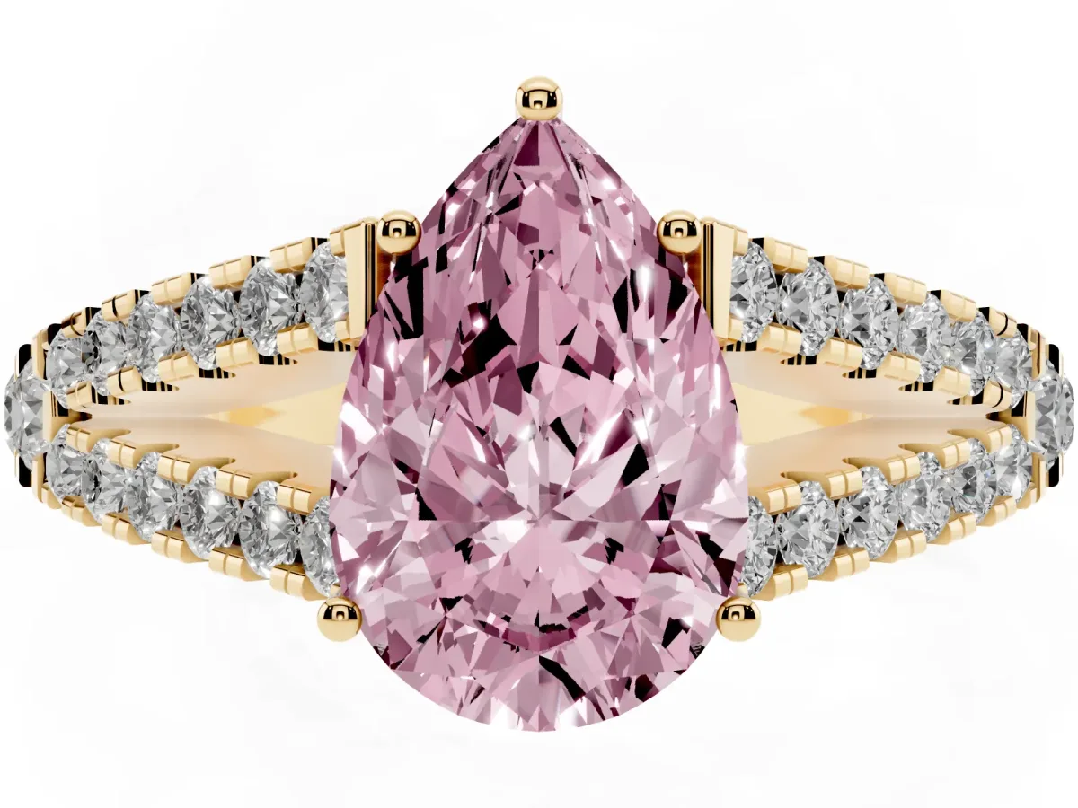 Fancy Pink Pear Cut Diamond Split Shank Pavé Engagement Ring with Four-Prong Setting Yellow gold