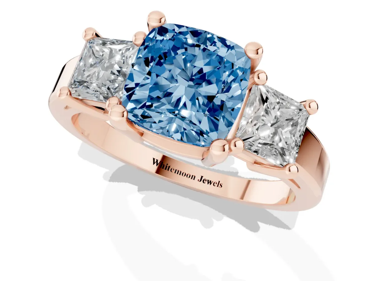 Fancy Blue Three-Stone Cushion Cut Cut Solitaire Ring with Prong Setting Rose gold