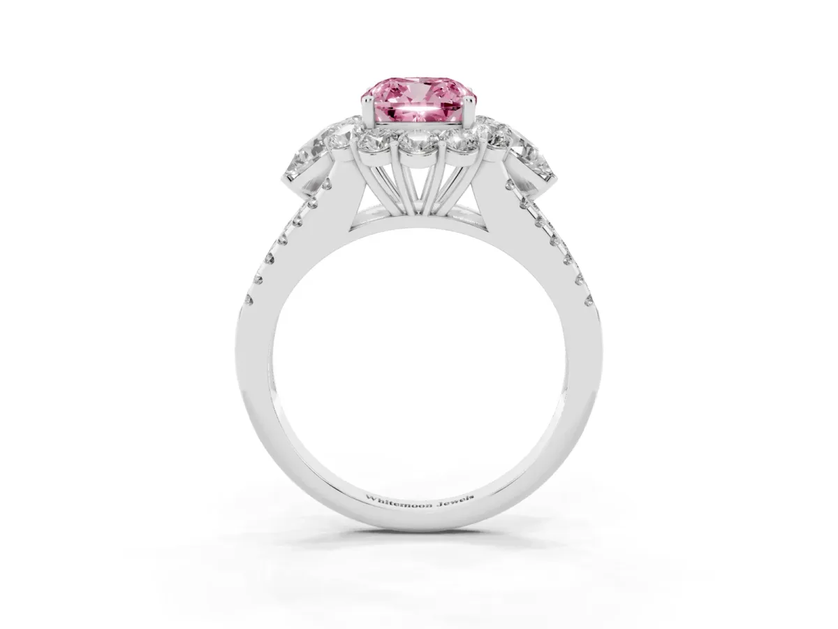 Fancy Pink Cushion Cut Halo Split Shank Diamond Engagement Ring with Prong Setting Platinum