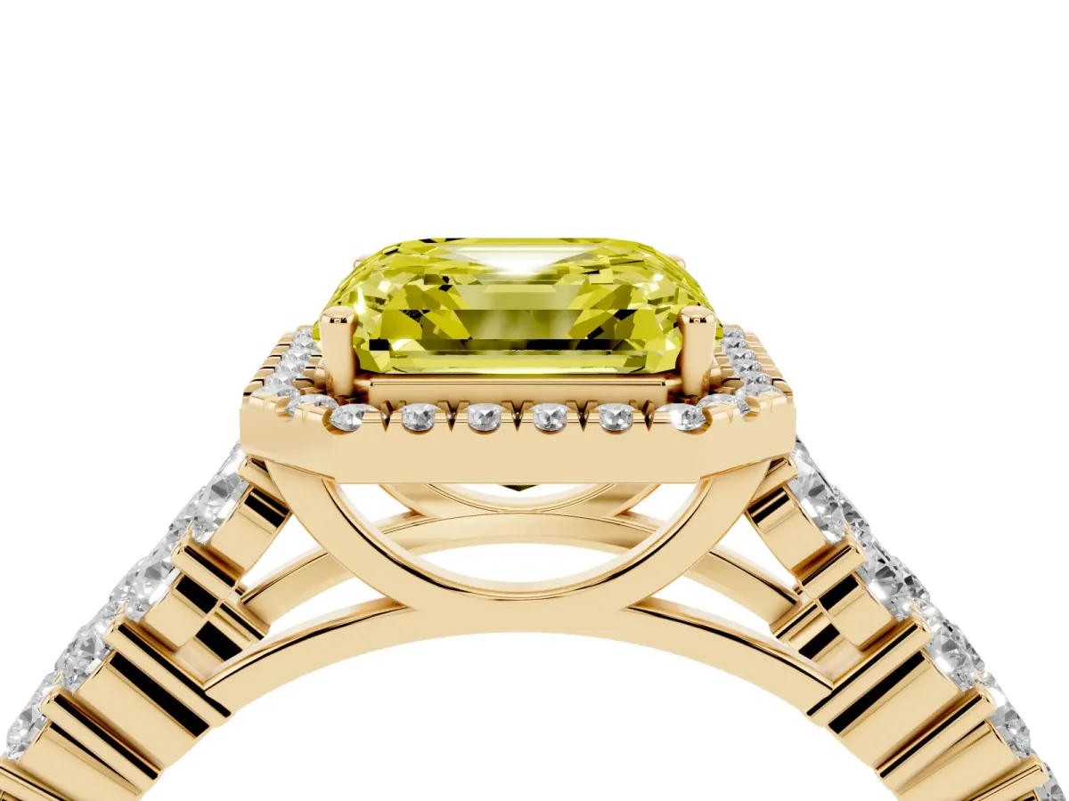 Fancy Yellow Asscher Cut Diamond Halo Engagement Ring with Triple Row Round Pavé Band and Prong Setting Yellow gold