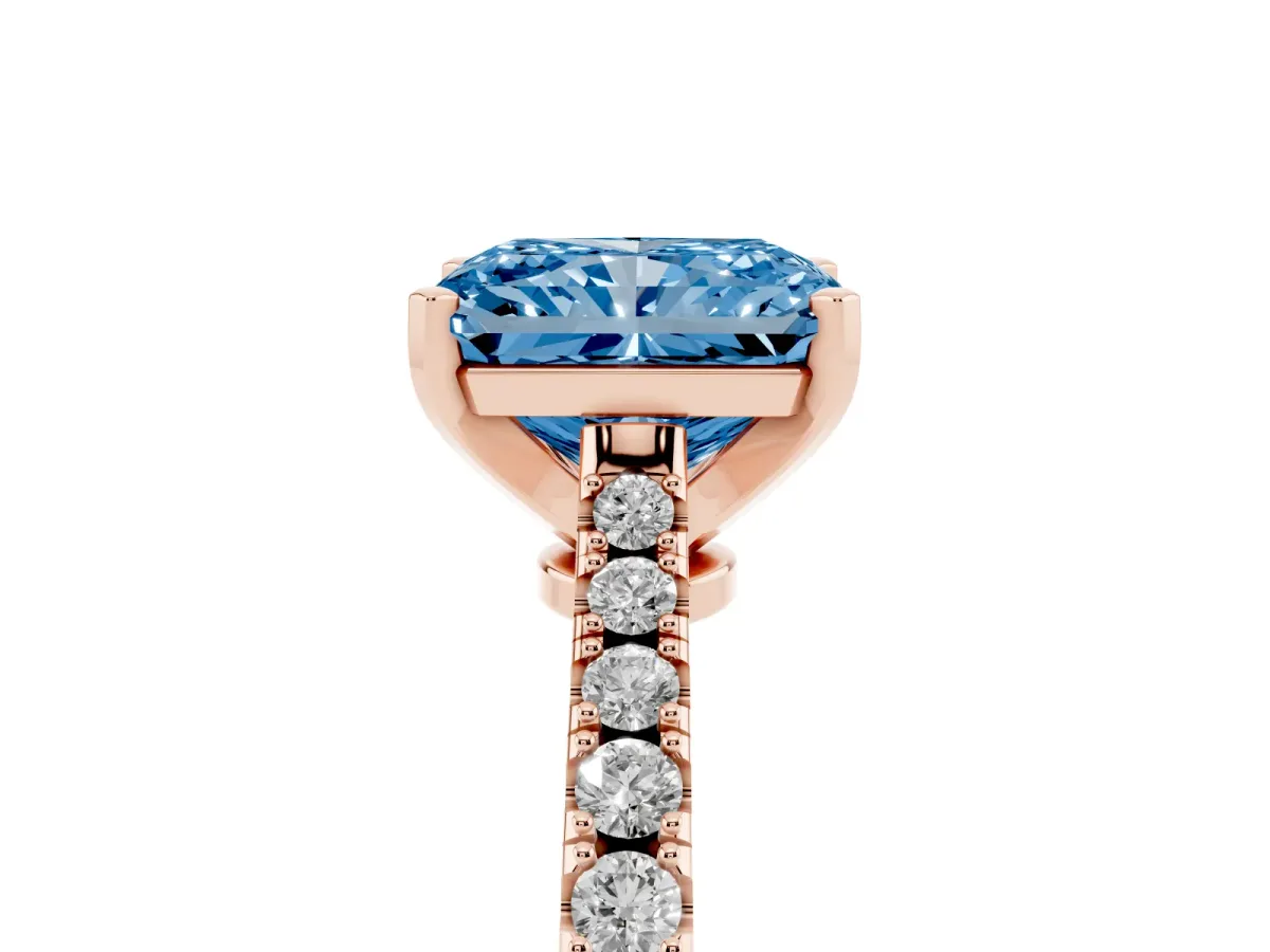 Fancy Blue Radiant Cut Cut Solitaire Diamond Engagement Ring with Pave Band and Four-Prong Setting Rose gold