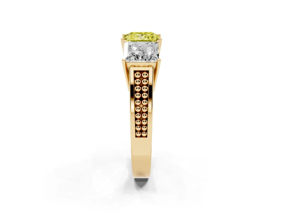 Fancy Yellow Princess Cut Diamond Three-Stone Ring with Prong Setting and Textured Band Yellow gold