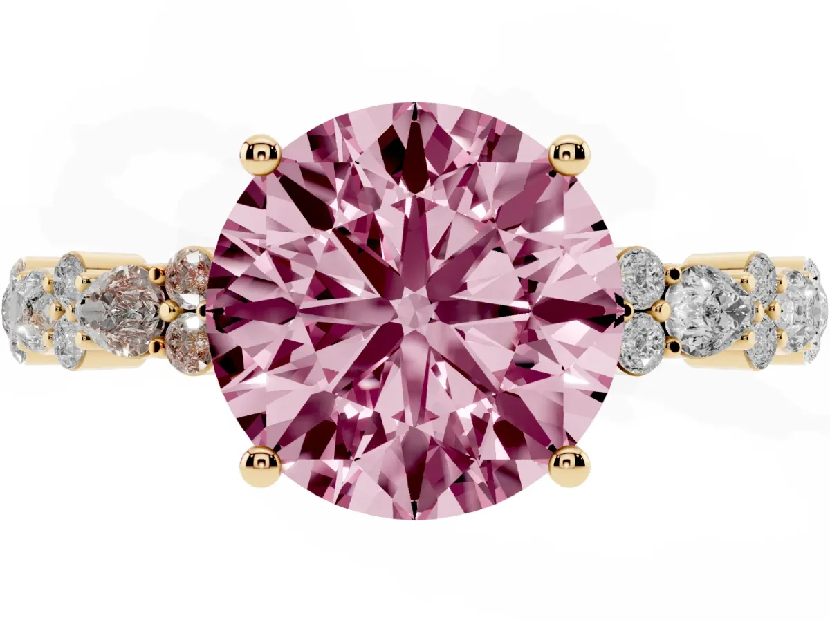Fancy Pink Round Cut Diamond Side Stone Solitaire Ring with Round and Four-Prong Setting Yellow gold