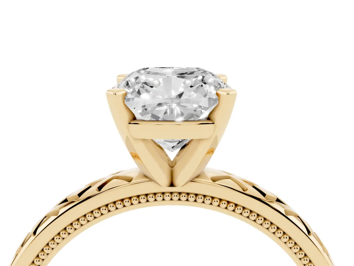 Cushion Cut Solitaire Diamond Ring with Milgrain and Black Enamel X Pattern Band Yellow gold