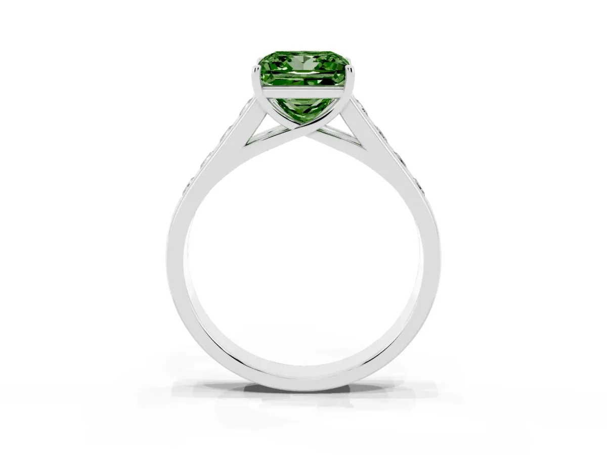 Fancy Green Princess Cut Solitaire Channel-Set Diamond Engagement Ring with Four-Prong Setting Silver