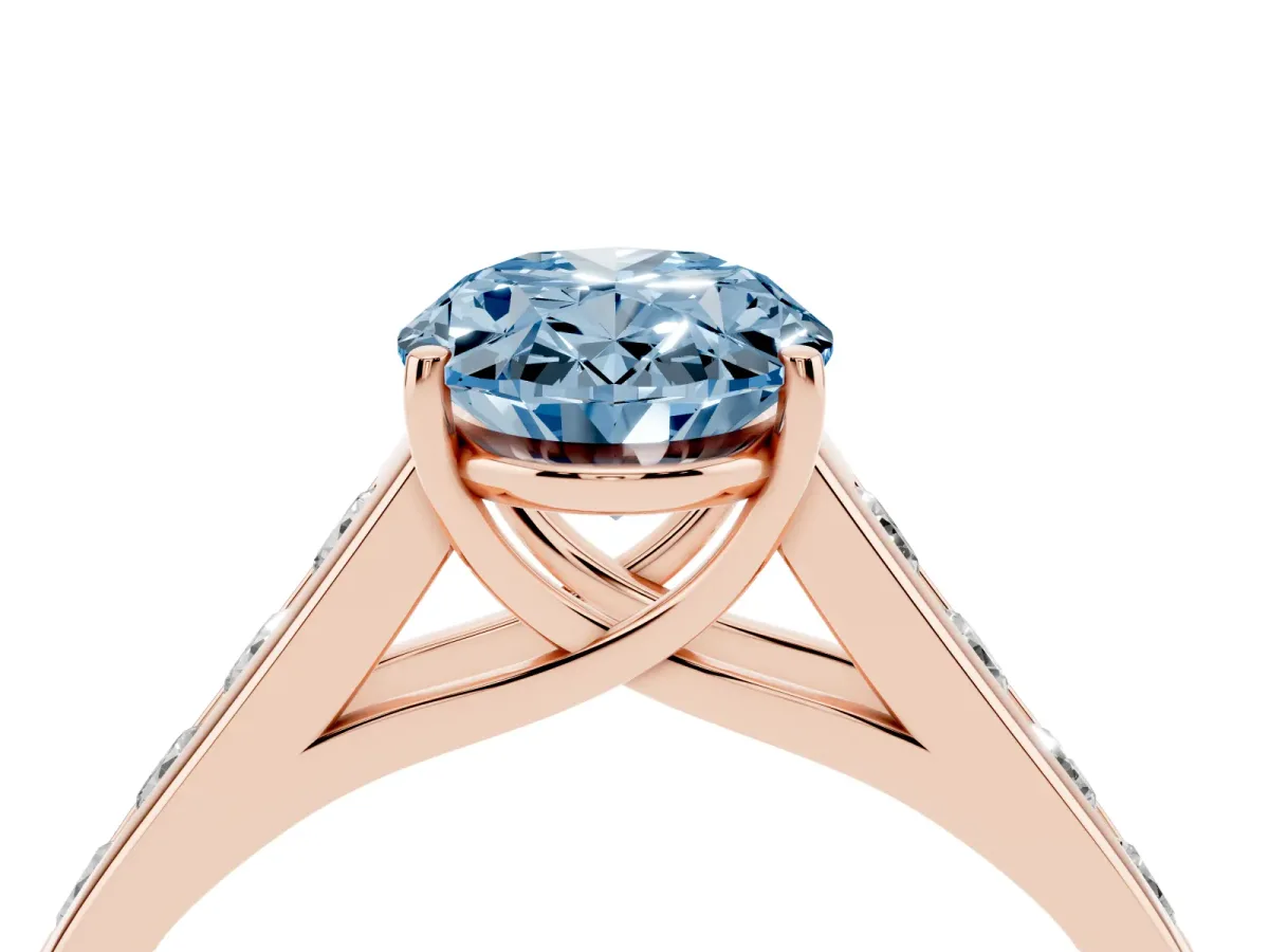 Fancy Blue Oval Cut Brilliant Channel-Set Solitaire Ring with Four-Prong Setting Rose gold