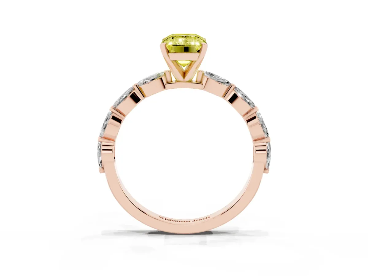 Fancy Yellow Emerald Cut Diamond Ring with Marquise Side Stones and Prong Setting Rose gold