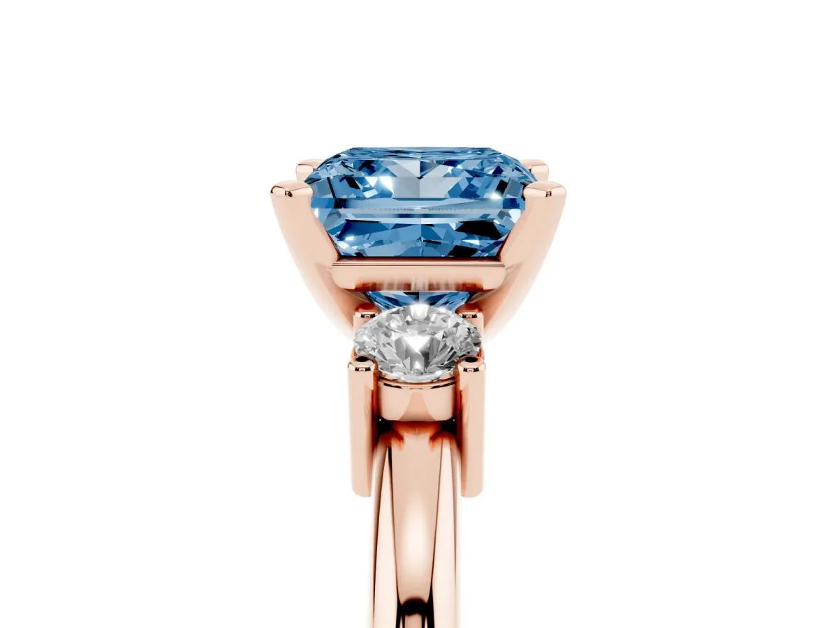 Fancy Blue Three-Stone Princess Cut Cut Diamond Solitaire with Prong Setting and Classic Band Rose gold