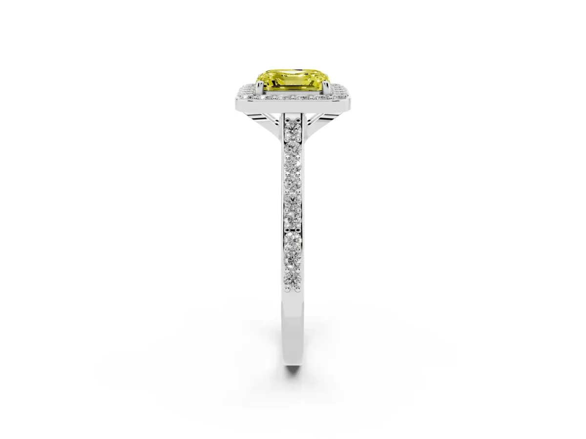 Fancy Yellow Asscher Cut Diamond Halo Engagement Ring with Round Pavé Shoulders and Prong Setting Silver