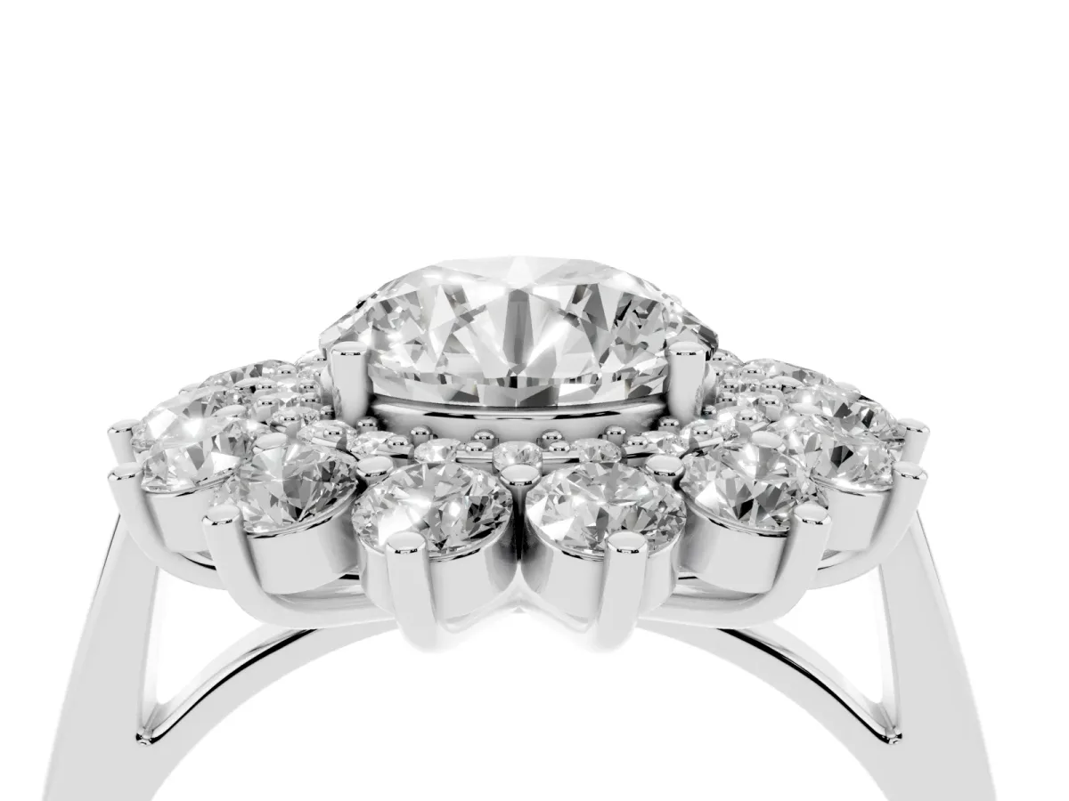 Round Cut Diamond Floral Double Halo Engagement Ring with Prong Setting Silver