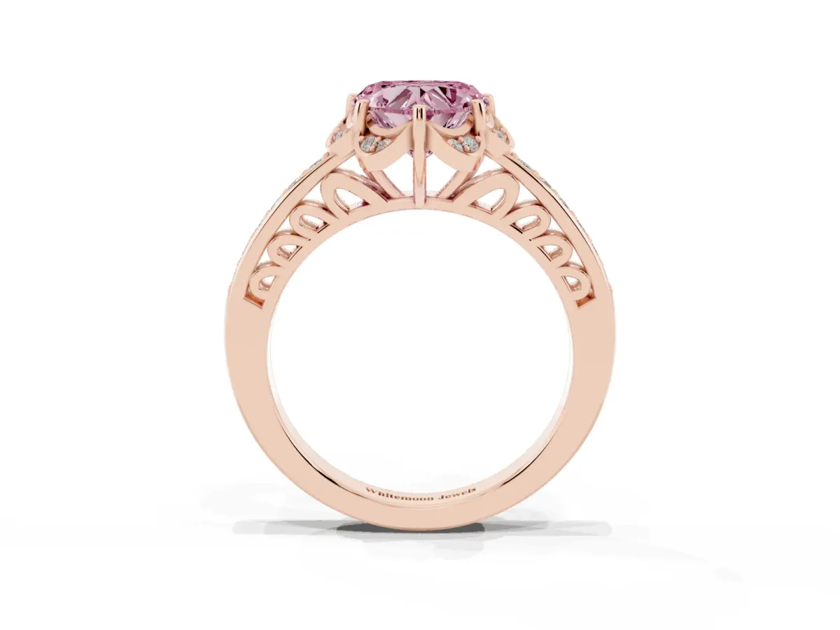 Fancy Pink Heart Cut Cut Halo Diamond Ring with Channel Set Band and Four-Prong Setting Rose gold