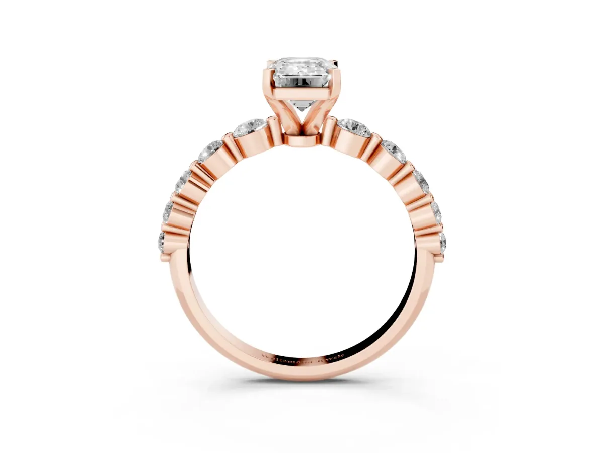 Emerald Cut Solitaire Diamond Ring with Pave Band and Four-Prong Setting Rose gold