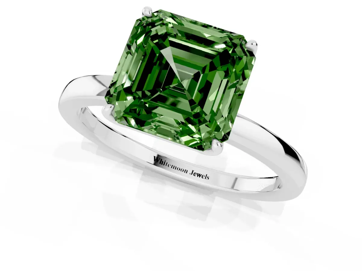 Fancy Green Asscher Cut Diamond Solitaire Ring with Thin Band and Prong Setting White gold