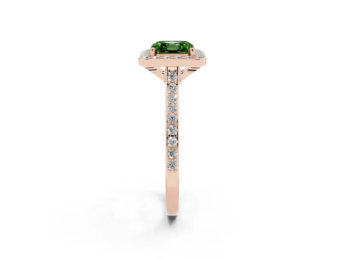 Fancy Green Asscher Cut Diamond Halo Engagement Ring with Round Pavé Shoulders and Prong Setting Rose gold