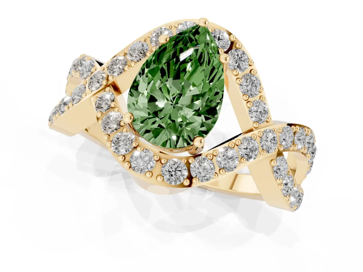 Fancy Green Pear Cut Solitaire Twist Band Pavé Diamond Engagement Ring Yellow gold