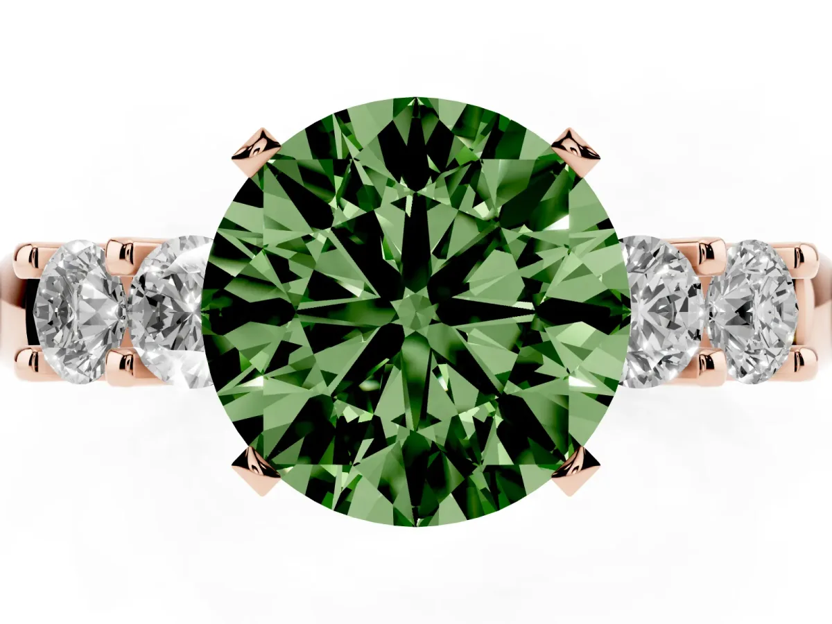 Fancy Green Round Cut Brilliant Cut Diamond Five-Stone Prong Set Engagement Ring with Channel Band Rose gold