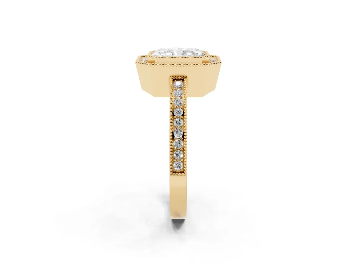 Radiant Cut Cut Halo Diamond Ring with Pavé Band and Milgrain Prong Setting Yellow gold