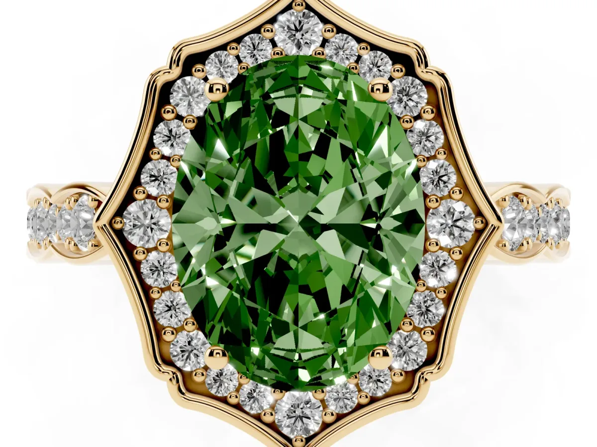 Fancy Green Oval Cut Halo Diamond Engagement Ring with Milgrain Band and Four-Prong Setting Yellow gold