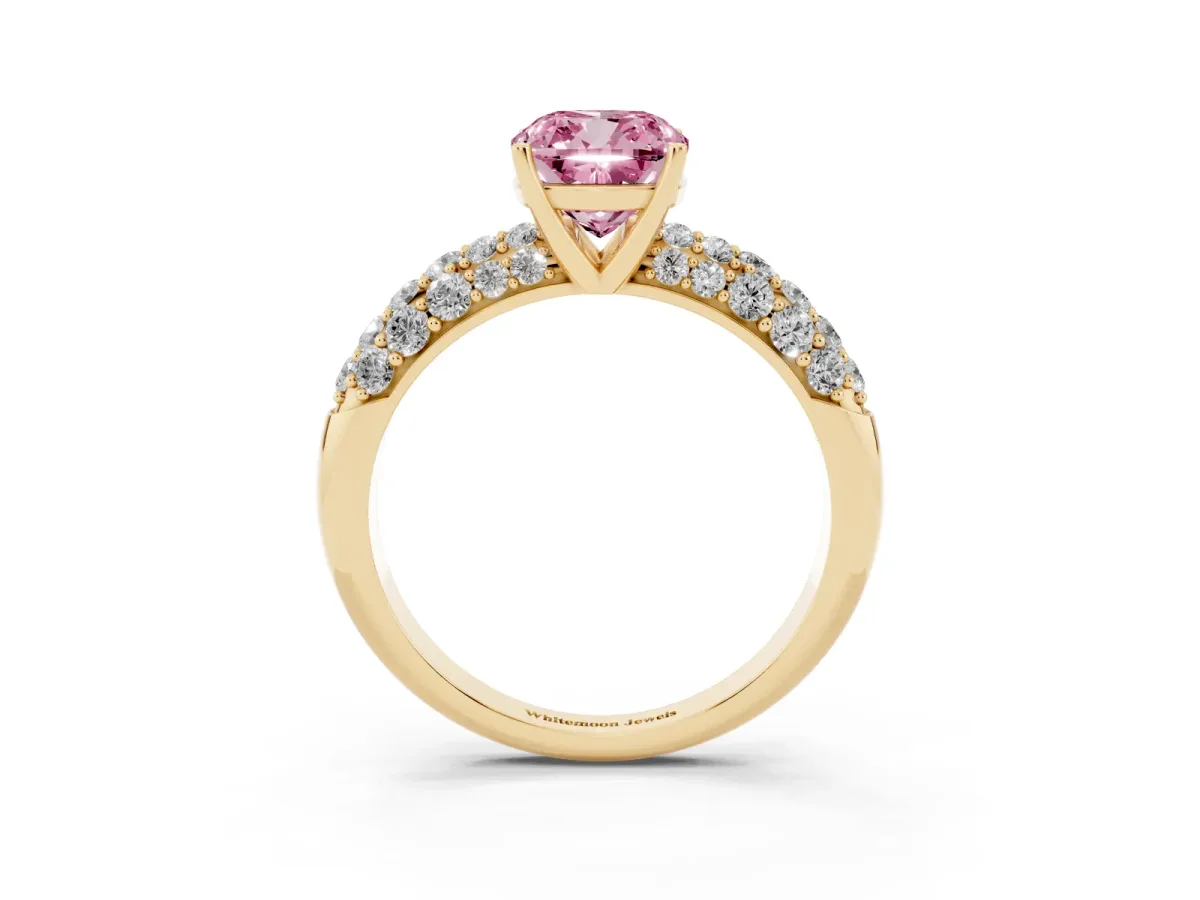 Fancy Pink Cushion Cut Diamond Pavé Band Solitaire Ring with Four-Prong Setting Yellow gold