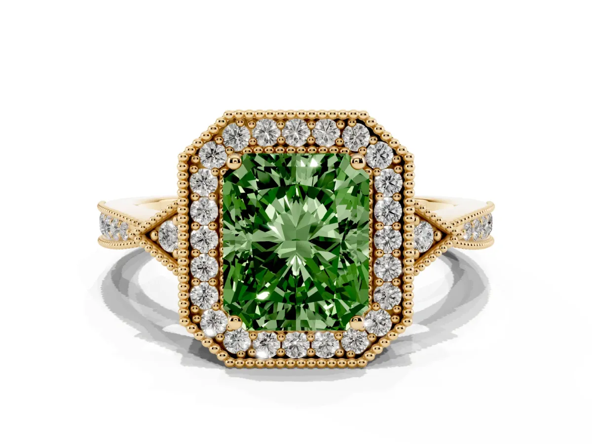 Fancy Green Radiant Cut Halo Round Diamond Milgrain Pave Engagement Ring Yellow gold