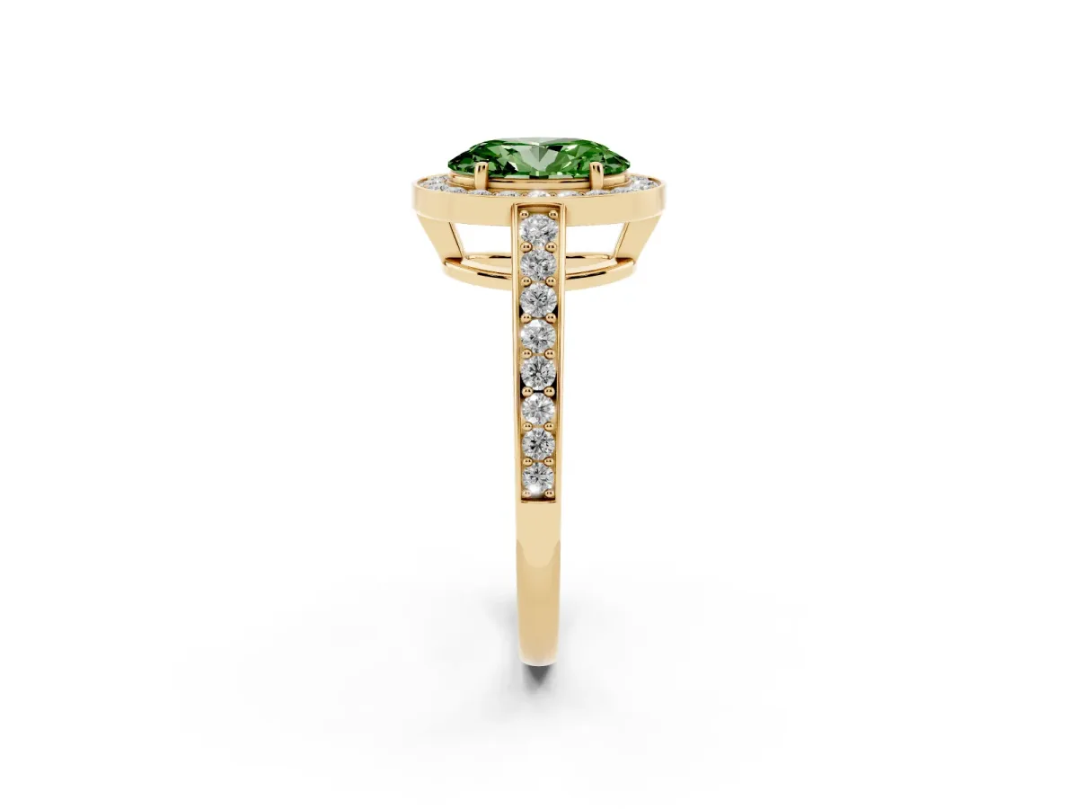 Fancy Green Oval Cut Halo Pavé Diamond Engagement Ring with Bezel Setting Yellow gold