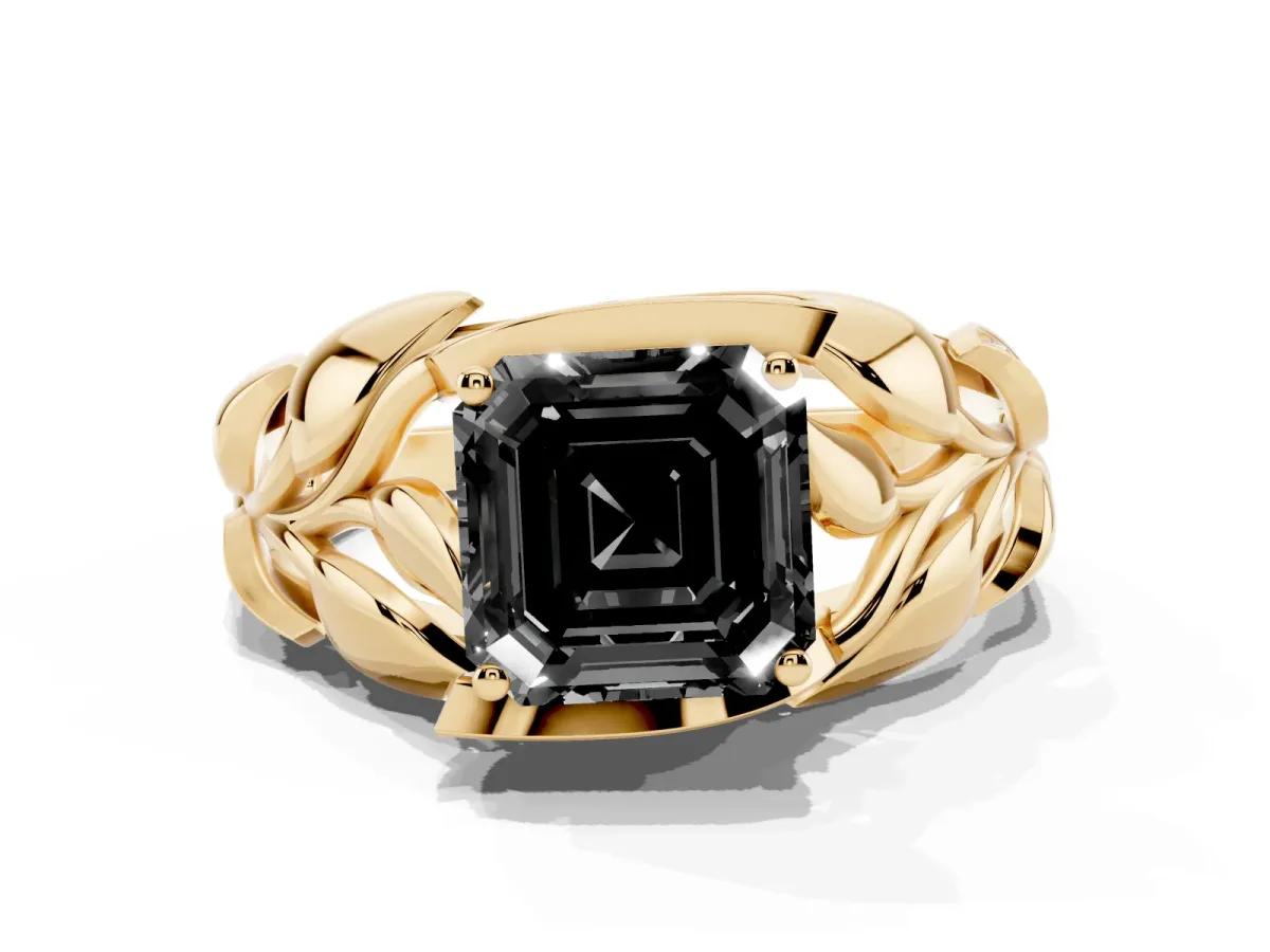 Fancy Black Asscher Cut Diamond Leaf-Inspired Engagement Ring with Round Accents and Prong Setting Yellow gold