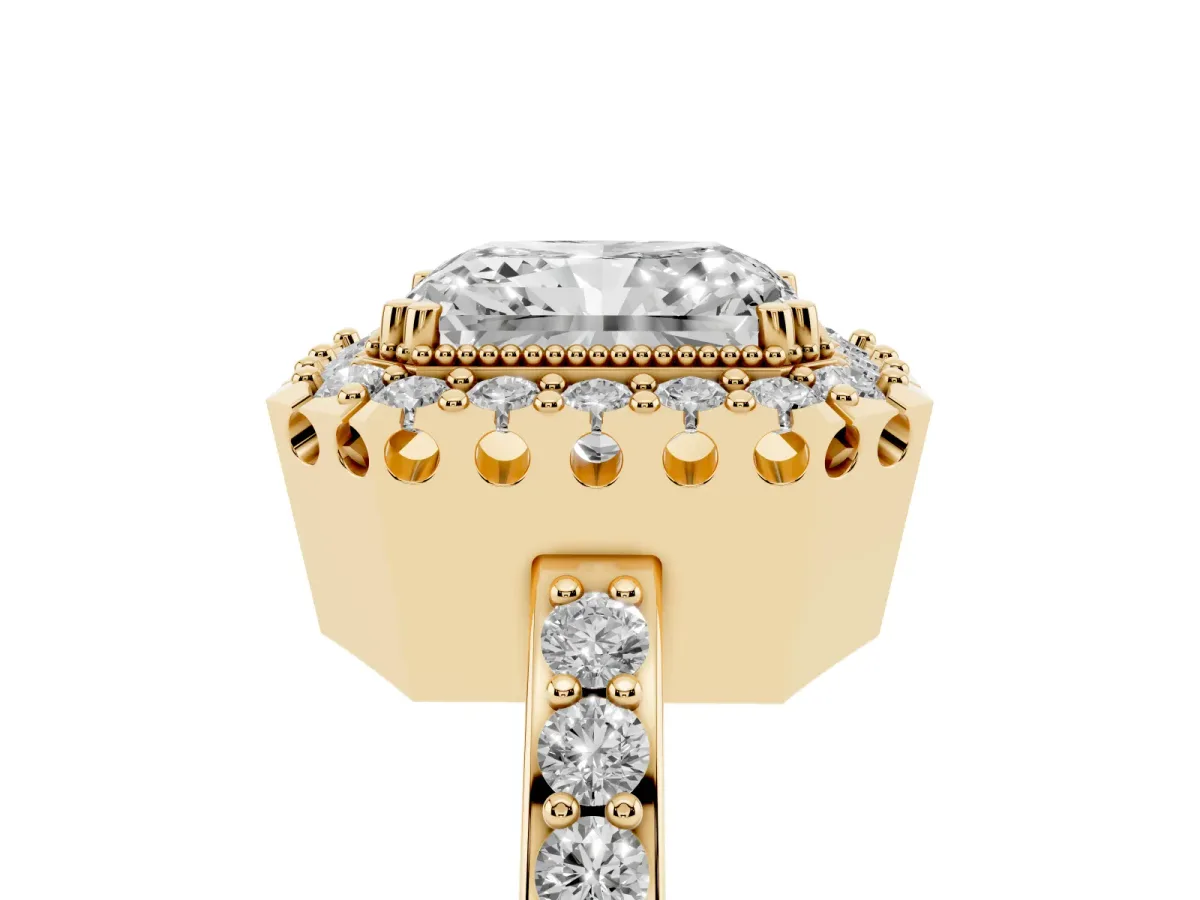 Radiant Cut Diamond Halo Ring with Pavé Band and Prong Setting Yellow gold
