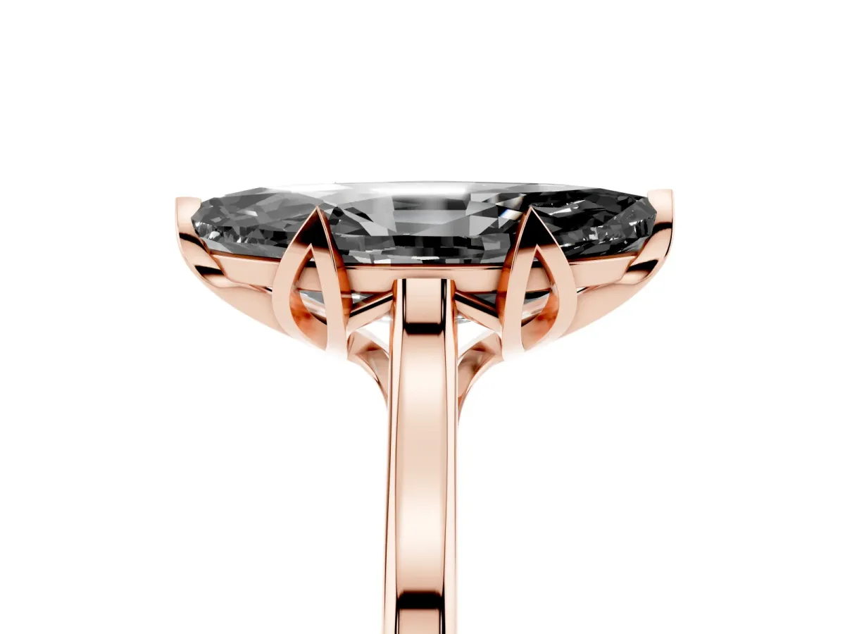 Fancy Black Marquise Cut Diamond Solitaire Ring with Flower Prong Setting and Classic Band Rose gold