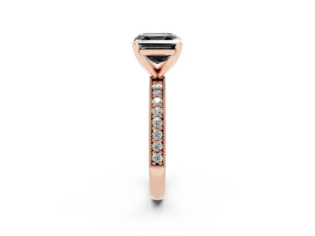 Fancy Black Asscher Cut Diamond Milgrain Pavé Engagement Ring with Four-Prong Setting Rose gold