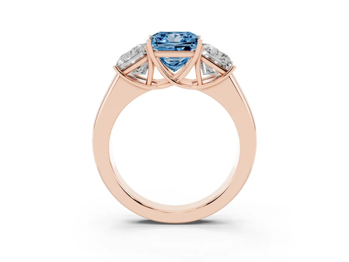 Fancy Blue Three-Stone Princess Cut Cut Diamond Ring with Prong Setting and Classic Band Rose gold