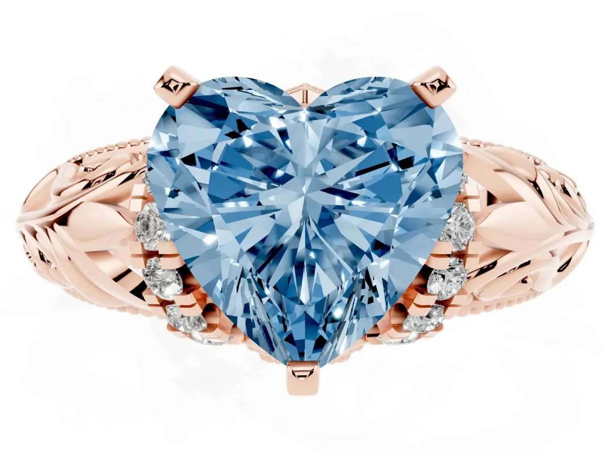 Fancy Blue Heart Cut Solitaire Filigree Engagement Ring with Halo and Prong Setting Rose gold