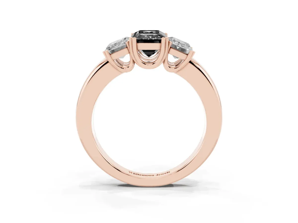 Fancy Black Three-Stone Emerald Cut Cut Diamond Ring with Channel Set Band and Four-Prong Setting Rose gold