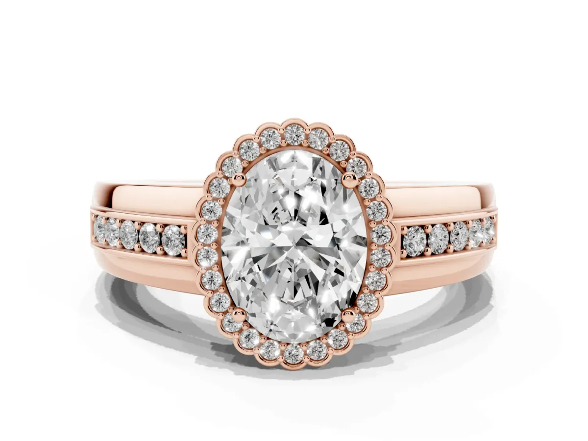 Oval Cut Cut Halo Pave Band Four-Prong Ring Rose gold