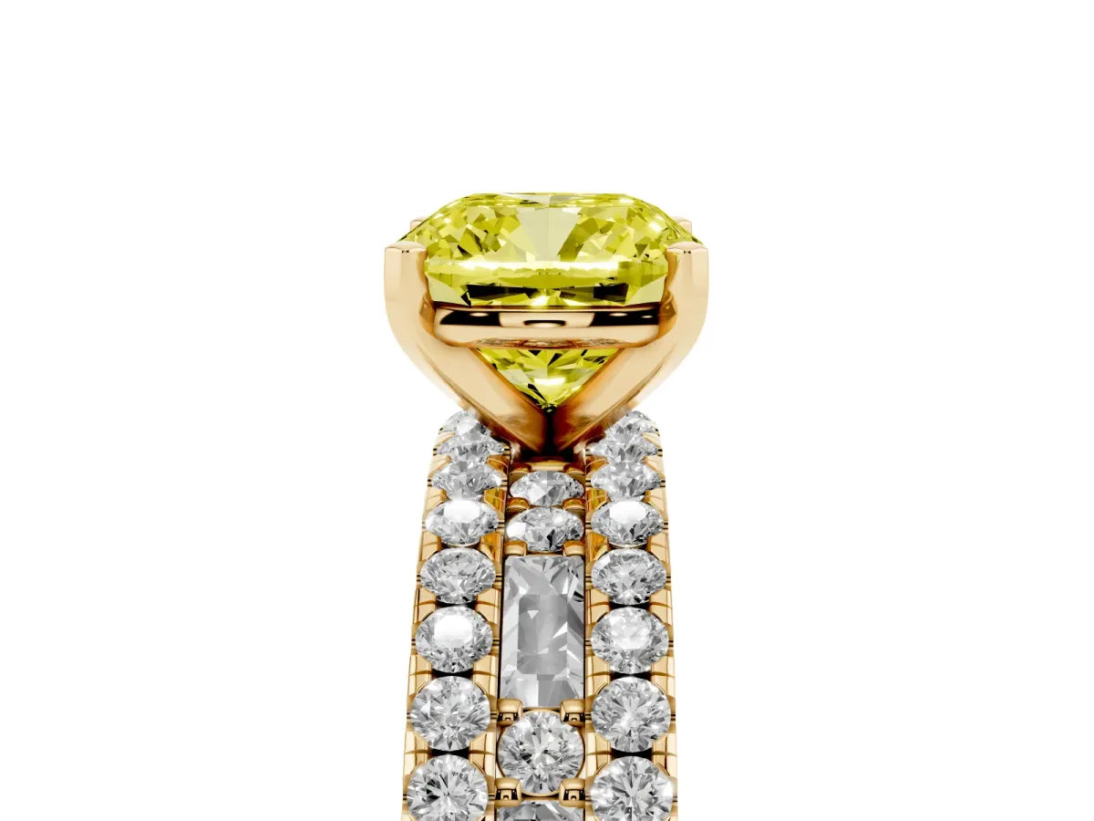 Fancy Yellow Cushion Cut Diamond Solitaire Ring with Pavé and Channel Set Band Yellow gold