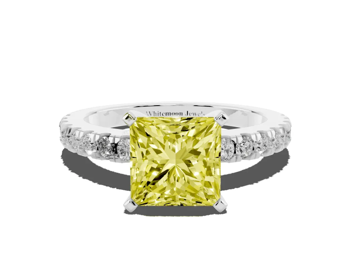 Fancy Yellow Princess Cut Solitaire Diamond with Pavé Band and Four-Prong Setting Platinum