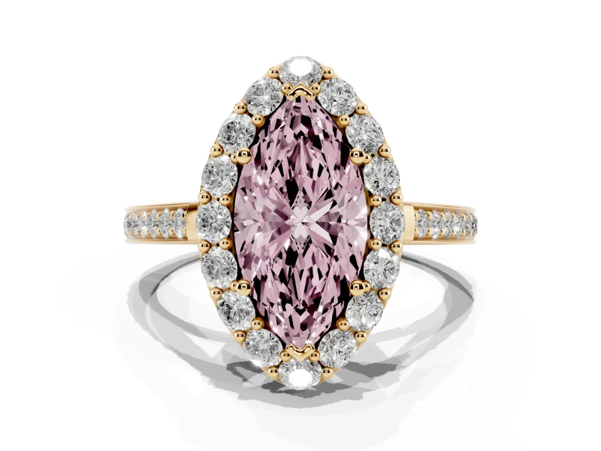 Fancy Pink Marquise Cut Diamond Floral Halo Ring with Pavé Band and Prong Setting Yellow gold