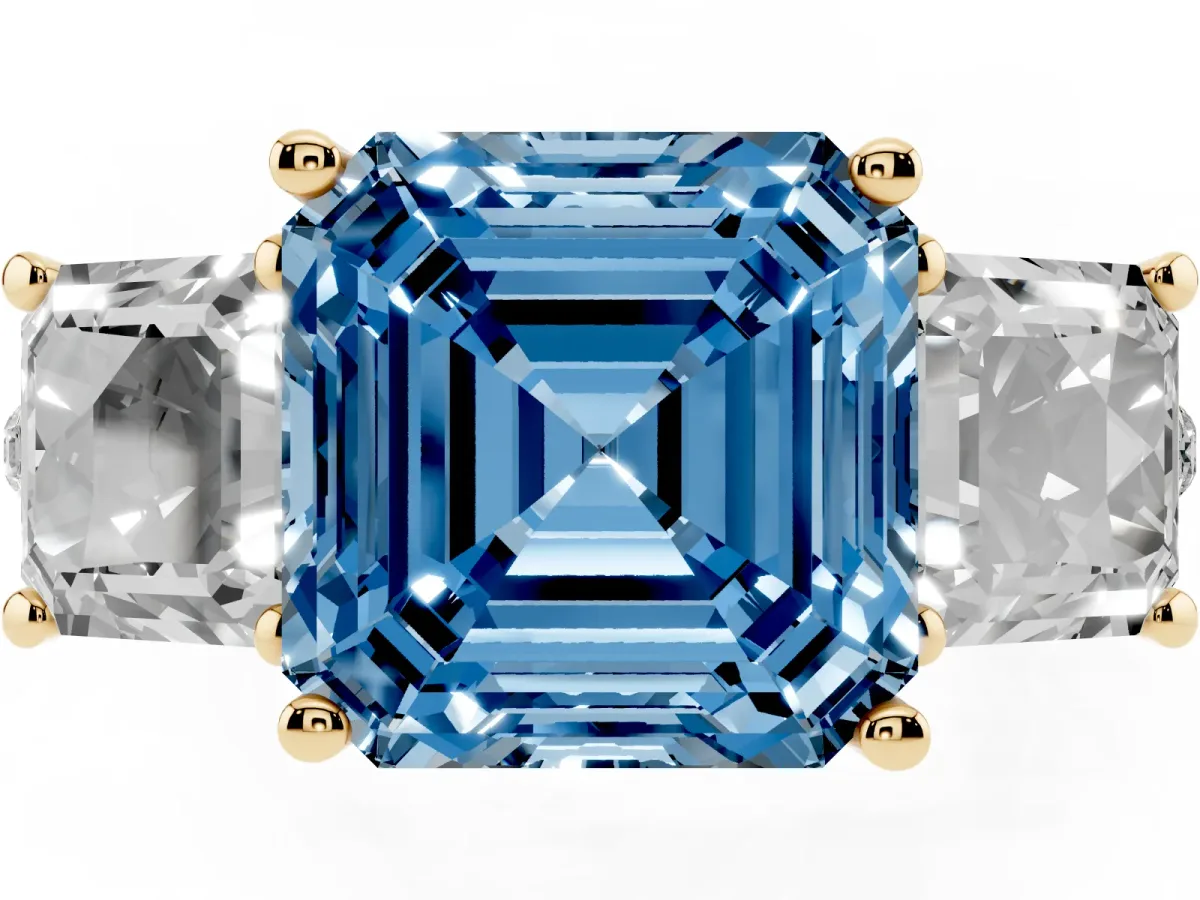 Fancy Blue Three-Stone Asscher Cut Diamond Ring with Round Pavé Band and Prong Setting Yellow gold