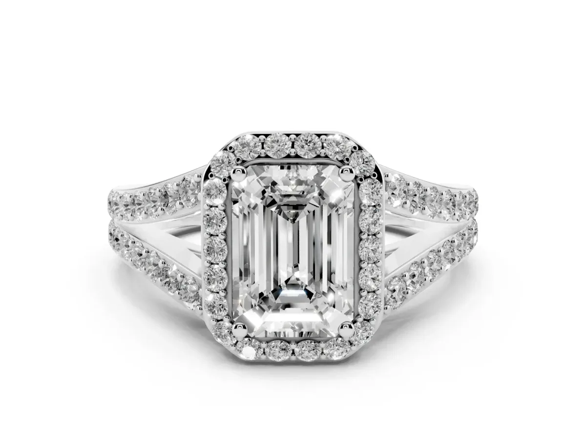 Emerald Cut Diamond Split Shank Halo Ring with Four-Prong Setting Platinum