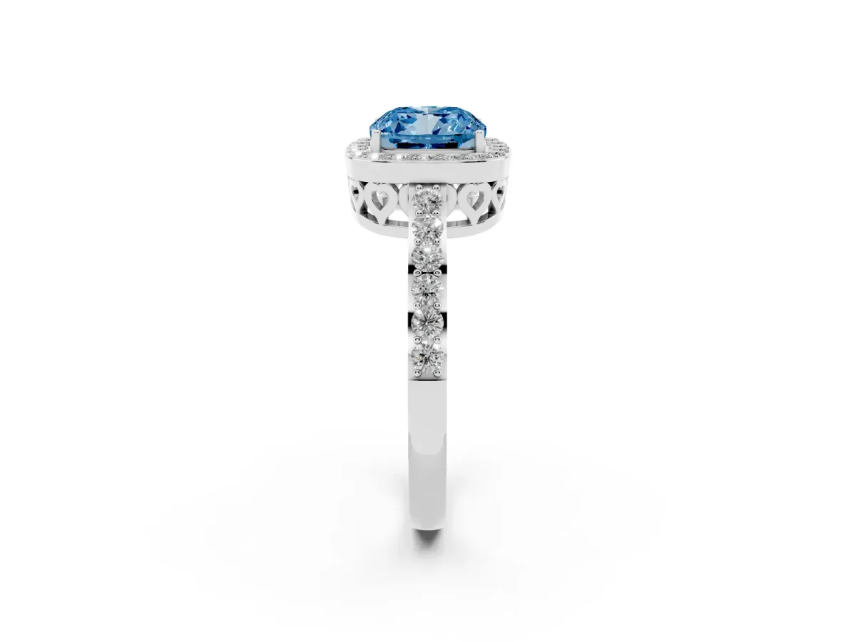 Fancy Blue Cushion Cut Halo Diamond Pavé Band Ring with Prong Setting Silver