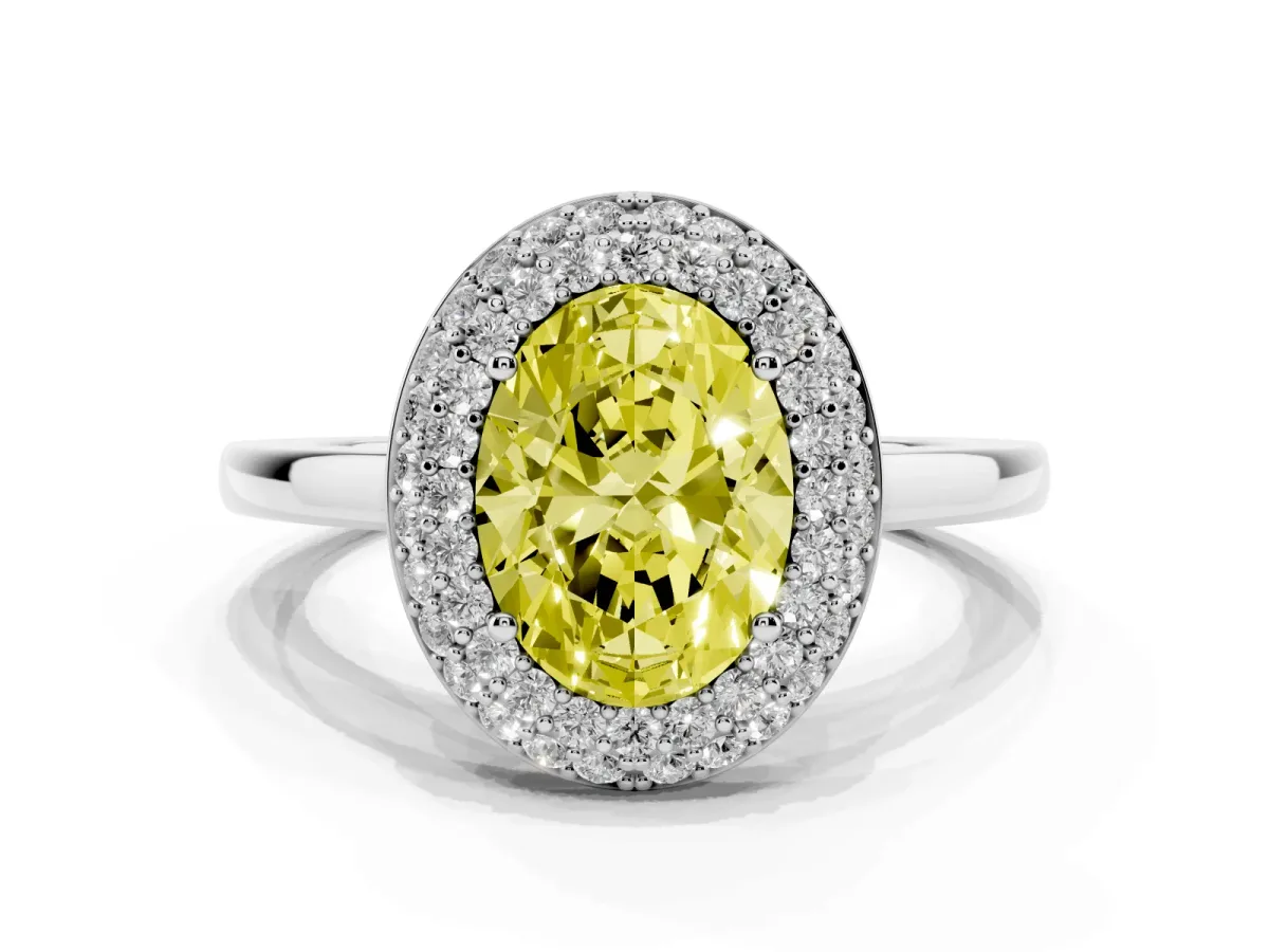 Fancy Yellow Oval Cut Halo Diamond Engagement Ring with Solitaire Band and Four-Prong Setting Platinum