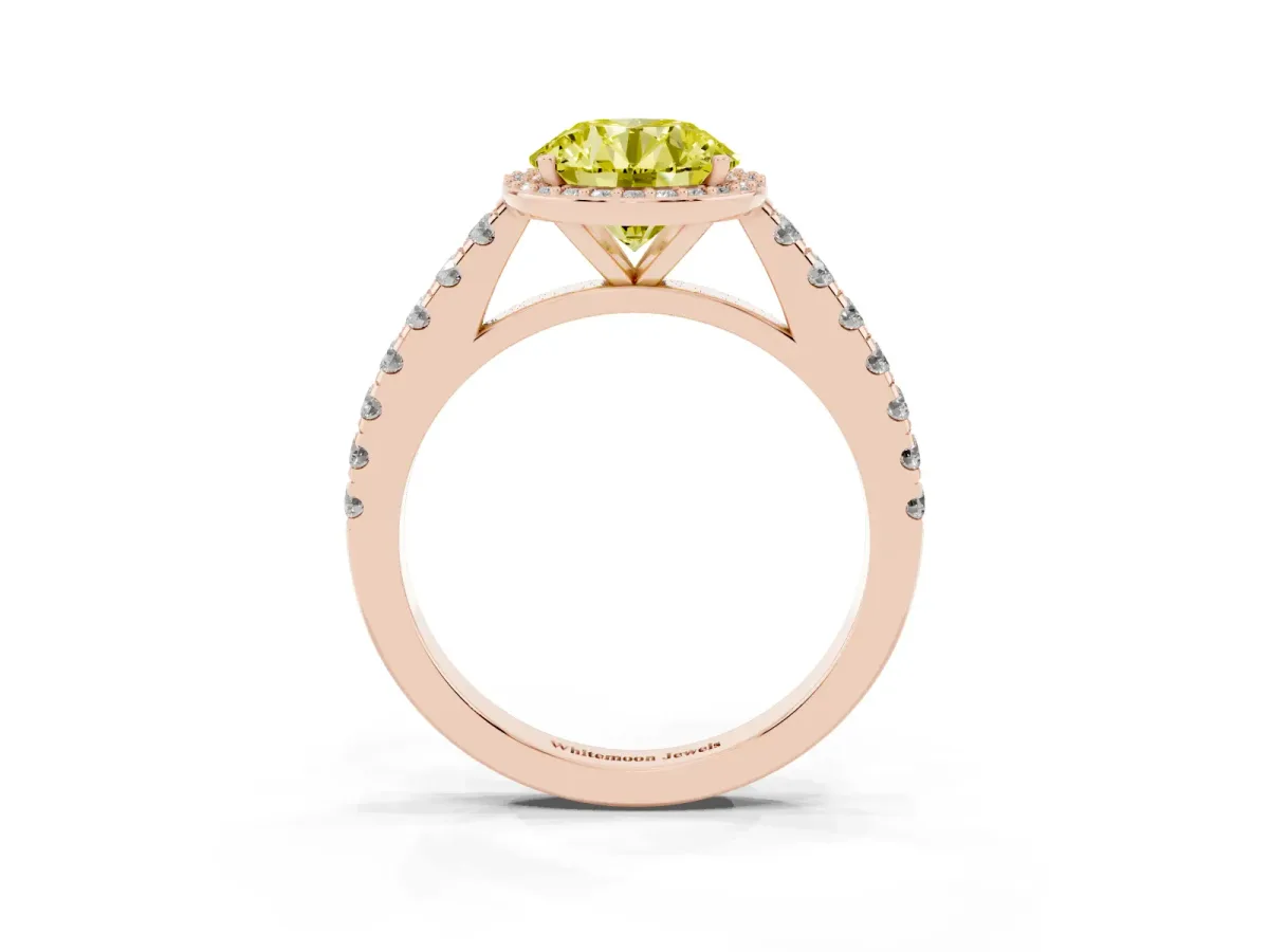 Fancy Yellow Round Cut Cut Halo Diamond Engagement Ring with Pave Band and Four-Prong Setting Rose gold